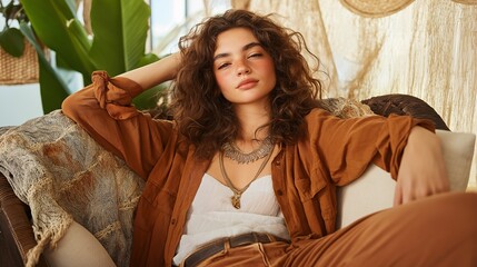 Fototapeta premium Bohemian Rhapsody: A young woman exudes effortless style and confidence in her bohemian-inspired living room, embracing a relaxed and carefree lifestyle. 