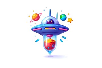 Naklejka premium futuristic kawaii spaceship flying through outer space with colorful planets, designed in a playful cartoon style perfect for children’s books or imaginative themes