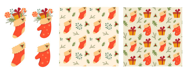 Set of Christmas prints and seamless textures. Holiday traditional decorations elements. Stockings, mittens, sweets and gifts wallpaper. 
