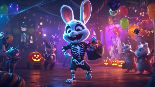 An anthropomorphic rabbit dressed in a skeleton costume joyfully collects treats at a lively Halloween party surrounded by festive decorations