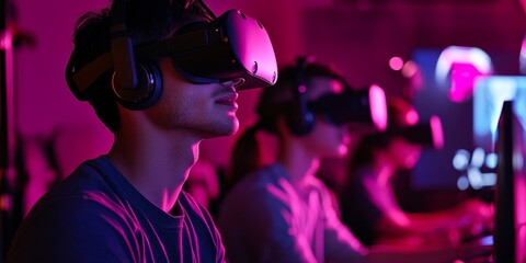 A high-tech gaming setup with players using the latest VR headsets, controllers, and immersive digital environments, capturing the excitement and advancements in virtual reality technology