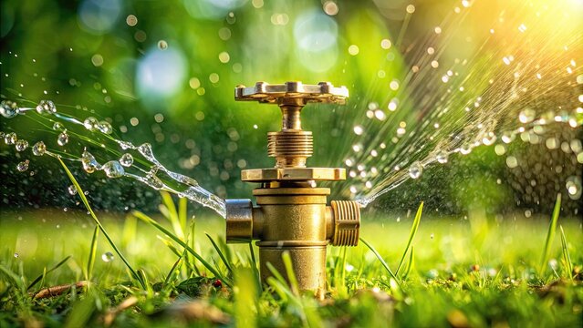 Close-up of a brass sprinkler valve, partially turned, with a green lawn and water droplets in the background, implying irrigation control.