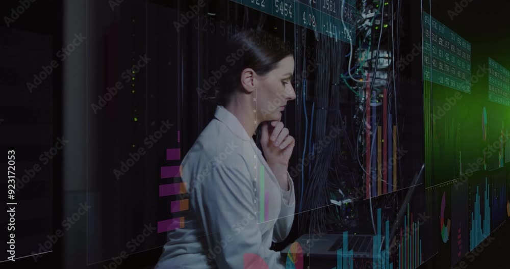 Poster analyzing data charts animation over woman working in server room