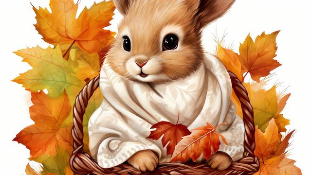 Cute bunny dressed in white holding autumn leaves in a wicker basket among colorful fall foliage