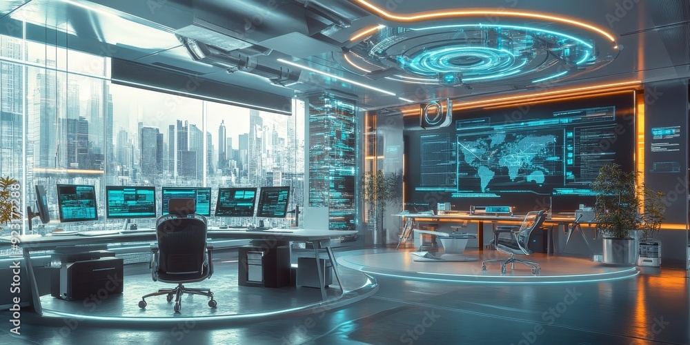 Poster a futuristic office environment with automated systems and smart devices seamlessly integrated into 
