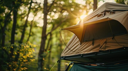 A tent is set up in a forest with the sun shining on it