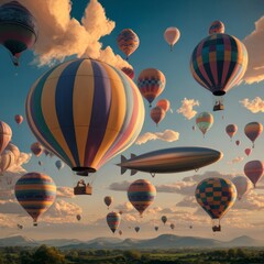 Fototapeta premium Many hot air balloon in the blue sky over the plain with mountain range in the background