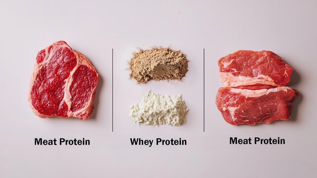 A diagram comparing the amino acid profiles of meat protein and whey protein, Amino Acid Comparison, showcasing the nutritional differences and benefits of each source