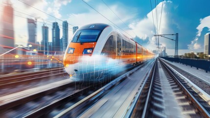 Fototapeta premium A train is speeding down the tracks with a city in the background