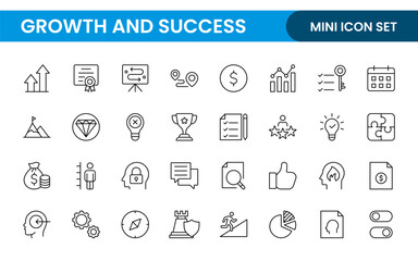 Growth and Success modern outline style icons set. Successful business development, plan and process symbol illustration.