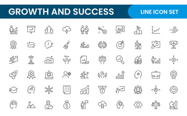Growth and Success modern outline style icons set. Successful business development, plan and process symbol illustration.