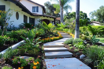 A vibrant landscape design features diverse species and a rich palette of colors