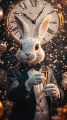 Fototapeta premium An anthropomorphic rabbit in a tuxedo raises a glass of champagne while surrounded by swirling confetti and a clock striking midnight