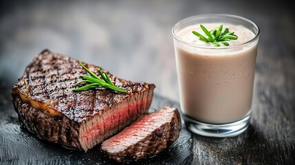 Closeup of a steak being sliced with a knife next to a glass of whey protein shake, Protein Preparation, highlighting the preparation and enjoyment of proteinrich foods