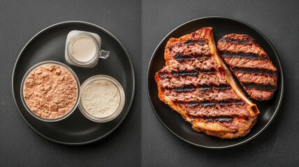 Sidebyside comparison of a scoop of whey protein powder and a plate of grilled meat, Protein Sources, highlighting the differences between meat and whey protein