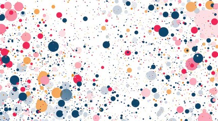 A vibrant arrangement of multicolored dots in different sizes covers a white surface