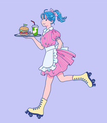 ローラースケートを履いて食べ物を運ぶウェイトレス