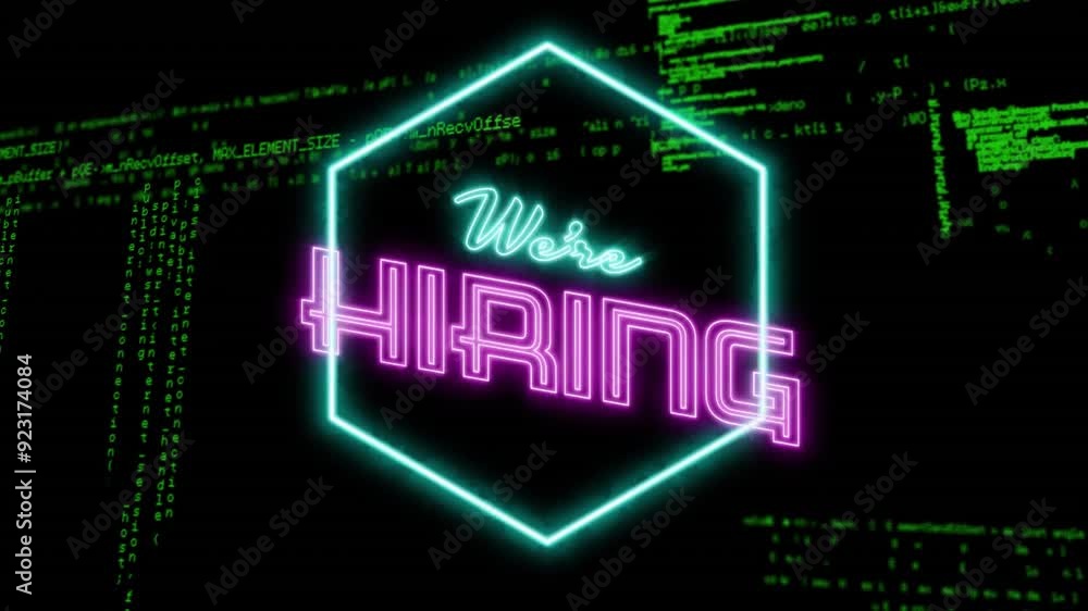 Poster we're hiring text animation over green coding lines on black background