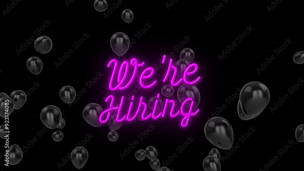Poster we're hiring text animation over floating black balloons on dark background