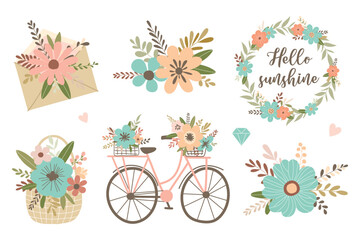 Set of wedding elements, bouquets, bicycle, envelope, wicker basket, arrow, ribbon, hearts isolated on white background. Cute vector illustration. Simple flat style for wedding design.