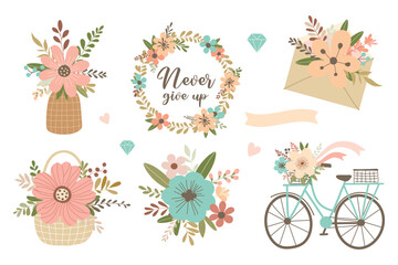 Set of wedding elements, bouquets, bicycle, envelope, wicker basket, arrow, ribbon, hearts isolated on white background. Cute vector illustration. Simple flat style for wedding design.