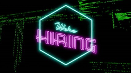 We're Hiring text animation over green coding lines on black background
