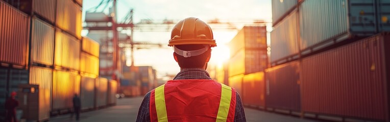 Construction worker in a busy shipping yard with stacked containers, sunny day