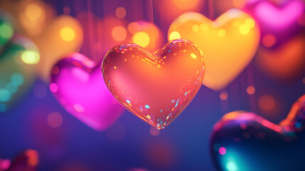 A collection of colorful hearts hanging from a string. The hearts are all different colors and sizes, but they all have the same shape. The scene is bright and cheerful, and it seems like a fun