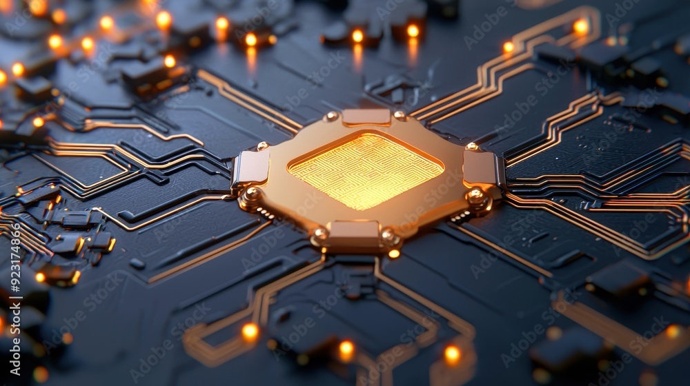 Poster close-up view of a modern circuit board with a glowing processor, showcasing intricate electronic de