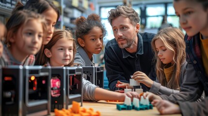 Obraz premium A teacher instructs a group of students on 3D printing, fostering creativity and technology skills.