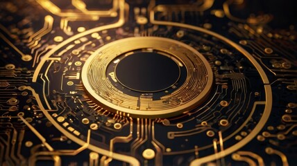 Fototapeta premium Digital circle circuit gold background futuristic tech