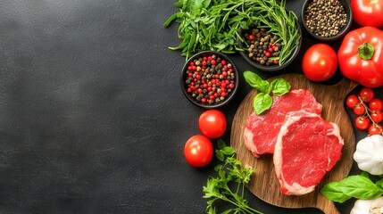 Fresh ingredients including meat, tomatoes, herbs, and spices arranged on a dark background for cooking inspiration.