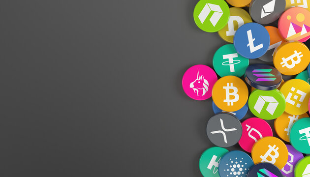 3d rendering of many round buttons with the logo of cryptocurrencies (Bitcoin, Ethereum, Binance, Ripple, Tether, Cardano, Solana, Doge, Monero, Litecoin, Polygon, Decentraland) - business concept.