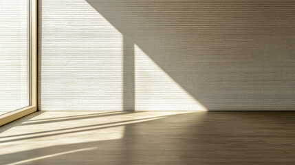 Obraz premium Empty living room luxury interiors in warm tones, with no decoration or furniture, a large window and contrasting shadows. Premium realty interior design composition.