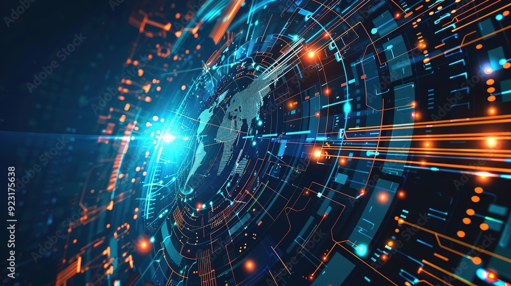 Wall mural abstract digital world map with glowing lines and circuit board design.