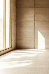 Empty living room luxury interiors in warm tones, with no decoration or furniture, a large window and contrasting shadows. Premium realty interior design composition.