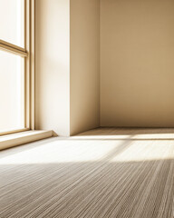 Empty living room luxury interiors in warm tones, with no decoration or furniture, a large window and contrasting shadows. Premium realty interior design composition.