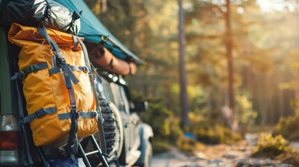 Obraz premium A yellow backpack is attached to the back of a green truck