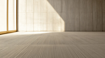 Empty living room luxury interiors in warm tones, with no decoration or furniture, a large window and contrasting shadows. Premium realty interior design composition.