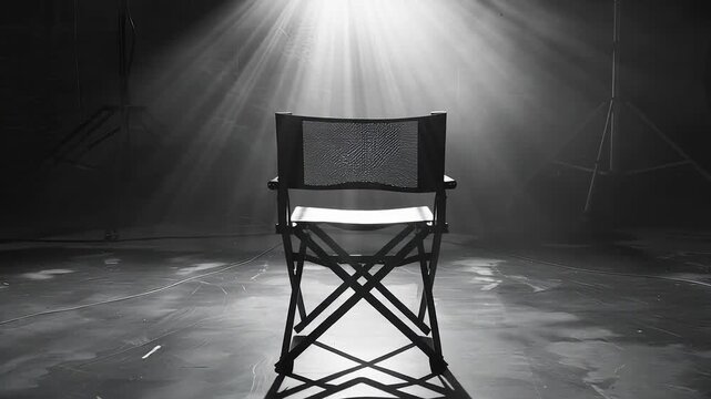 Backstage spotlight on empty director's chair in dark studio