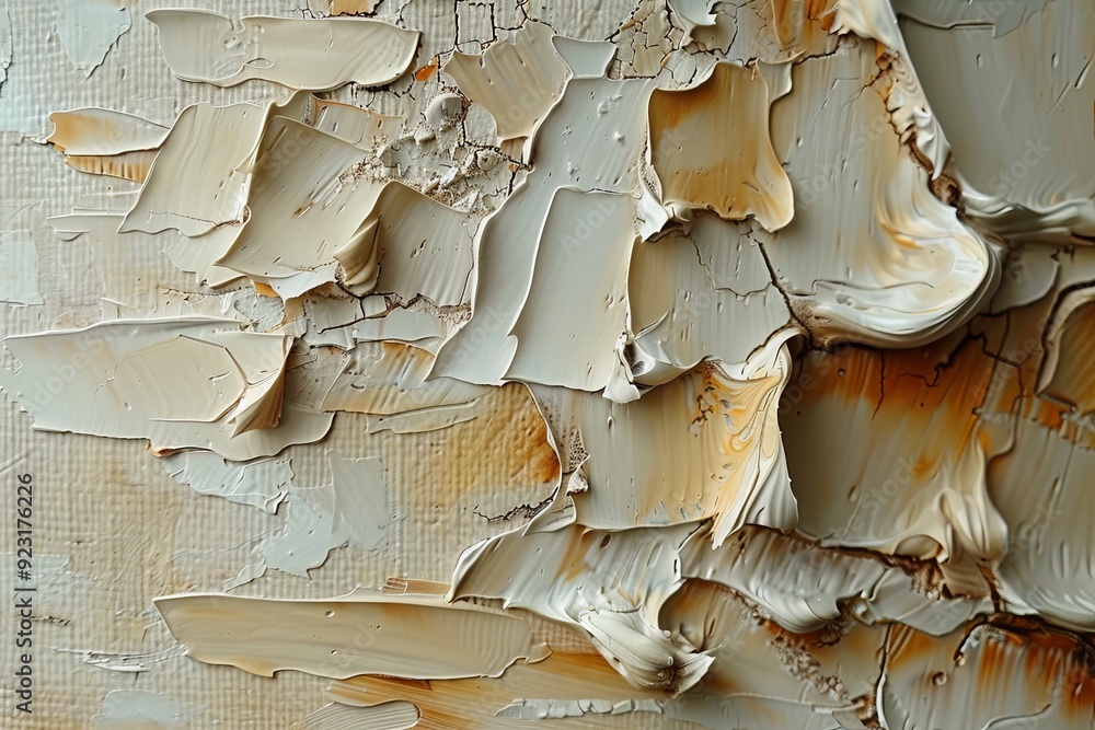 Poster textured abstract art with layered paint in soft beige and cream tones, showcasing unique surface de