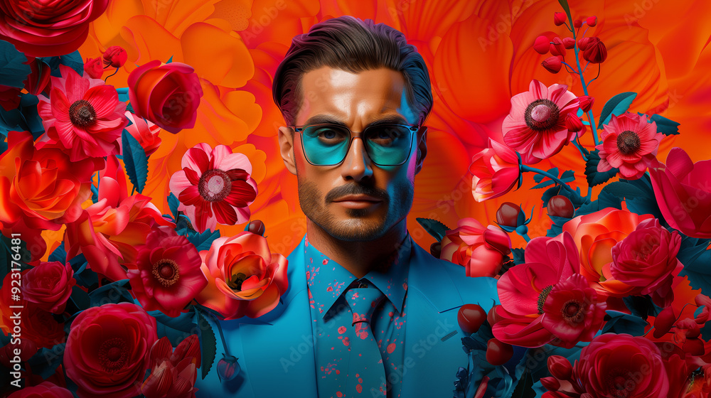 Wall mural fashionable pop art portrait of handsome man person in stylish blue blazer on blooming red floral ba