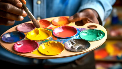 Fototapeta premium Close-up view of an artist’s palette with various bright paint colors.