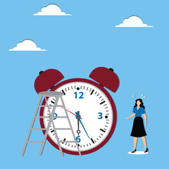 Tired woman standing near alarm clock