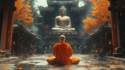 A bald monk is praying to lord buddha's statue with his both hands