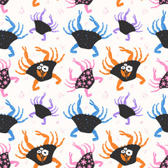 Bright pattern with decorative crabs. Floral elements. Vector illustration for wallpapers, textile, and wrapping paper