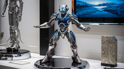 High-resolution image of a futuristic robot sculpture in a striking metallic silver and blue design, displayed on a sleek base in a modern gallery with other robotic art pieces and digital displays.