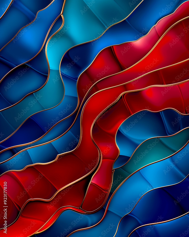 Wall mural a blue and red striped design with gold accents. the design is abstract and has a luxurious feel to 