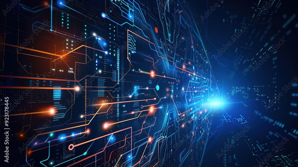 Wall mural abstract futuristic digital network background with glowing lines and nodes.