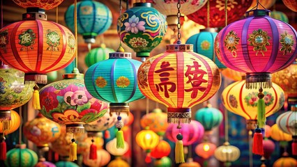 Fototapeta premium Lantern Radiance: Vibrant, festive, intricate, paper lanterns, calligraphic greetings